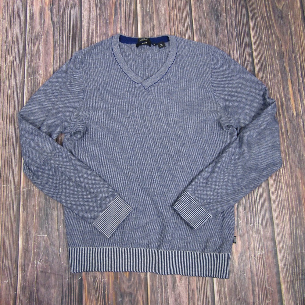 BOSS Hugo Boss Sweater Mens Medium Blue Slim Fit Cotton Wool V Neck Pullover